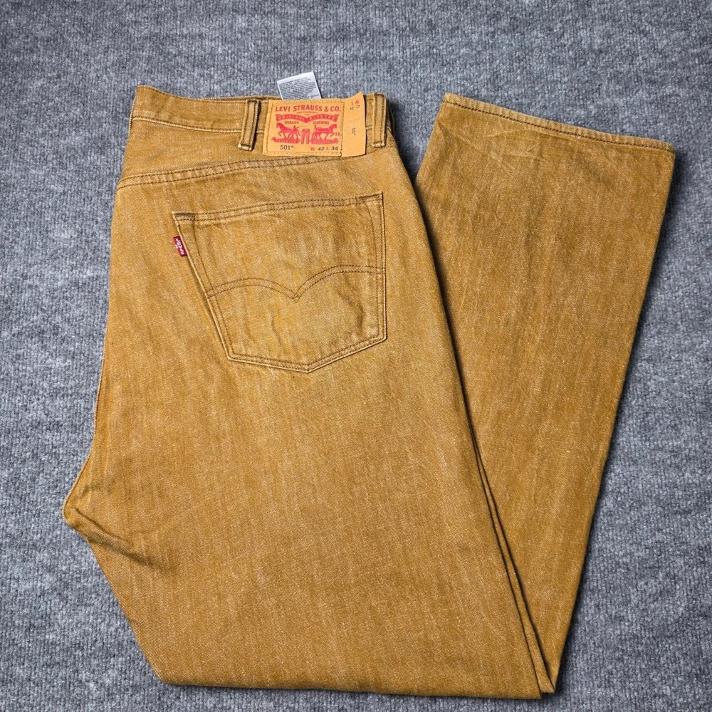 Levis 501 Original Fit Jeans Mens 42x34 Brown White Oak Cone Denim Button Fly